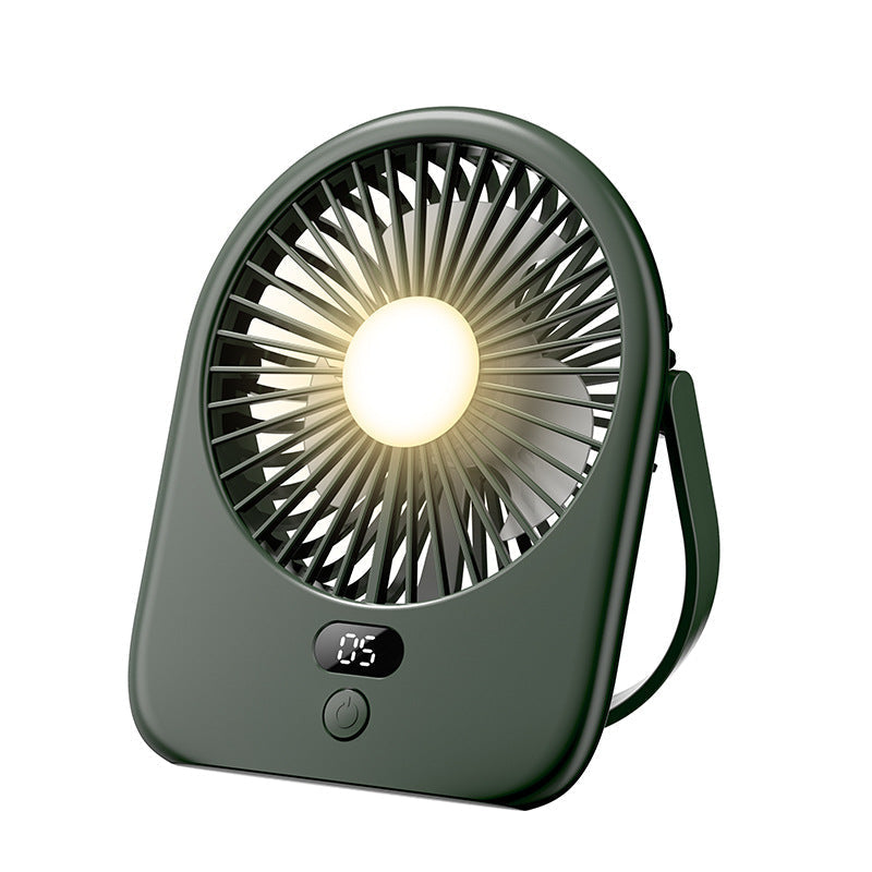 Foldable rechargeable desk fan with LED light and digital display. Perfect portable cooler for home office and travel.