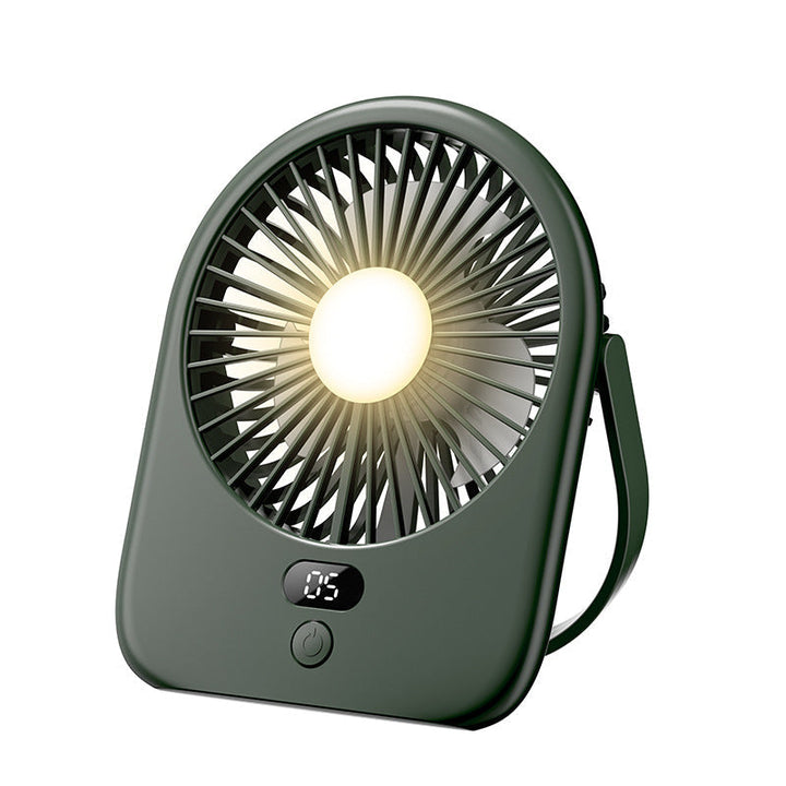 Foldable rechargeable desk fan with LED light and digital display. Perfect portable cooler for home office and travel.