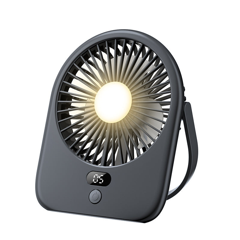 Modern rechargeable LED desk fan featuring a clear digital display. Excellent personal cooler for desk use & portability.