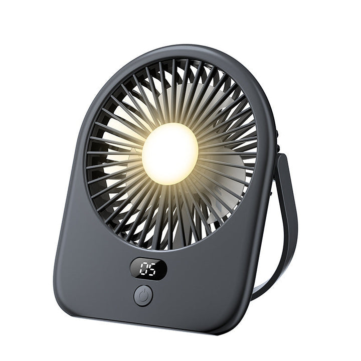 Modern rechargeable LED desk fan featuring a clear digital display. Excellent personal cooler for desk use & portability.