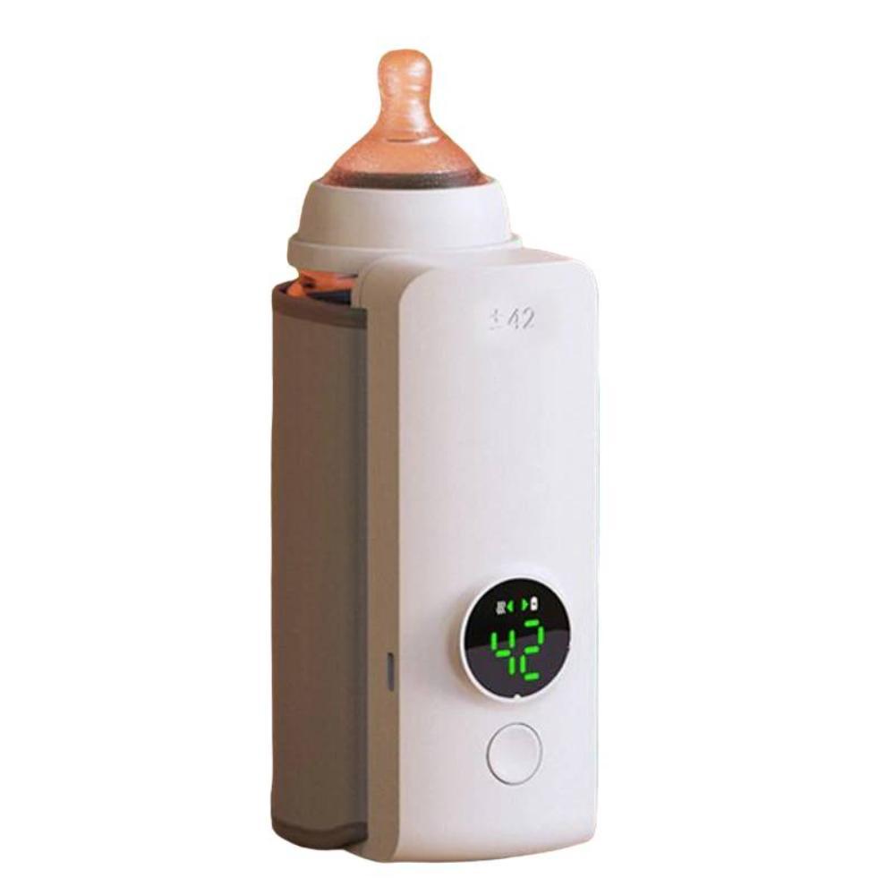 Rechargeable portable bottle warmer with digital display for warm baby formula on the go.
