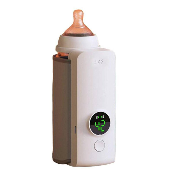 Rechargeable portable bottle warmer with digital display for warm baby formula on the go.