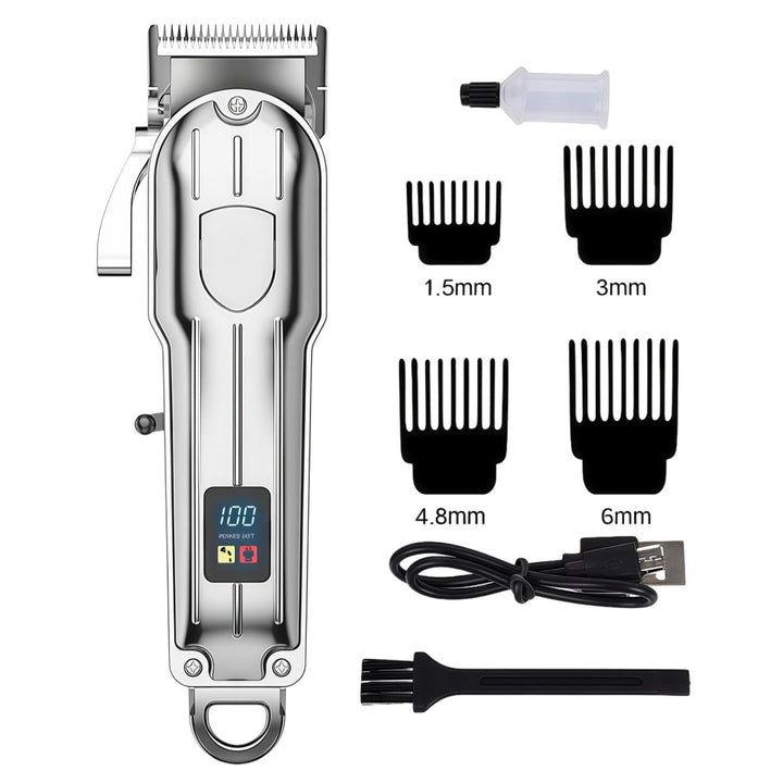 High-quality rechargeable pet hair trimmer with a sleek metal body