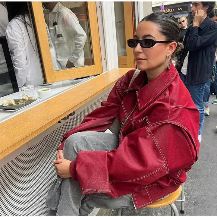 Comfortable women's red oversized quilted bomber, ideal for everyday casual wear.