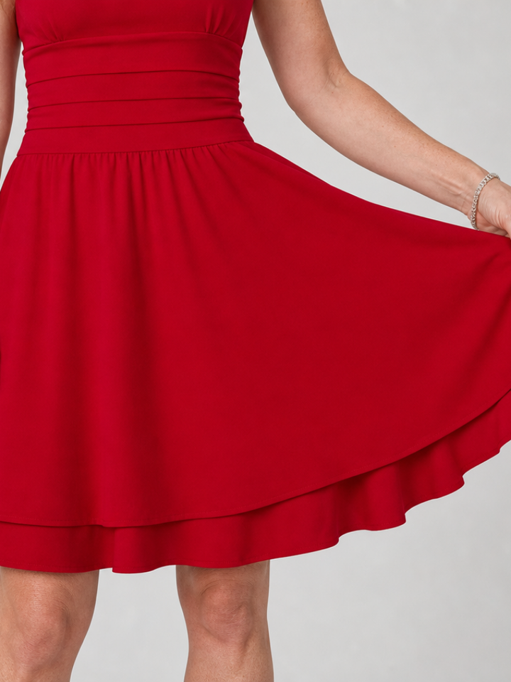 Black sleeveless square neck mini dress for women. Elegant flared skirt, ideal for parties or comfortable casual style.
