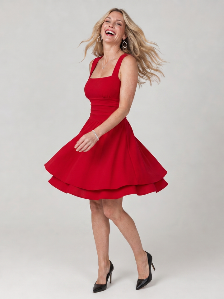 Elegant sleeveless square neck mini dress for women with a stylish flared skirt. Perfect for summer parties & comfort.