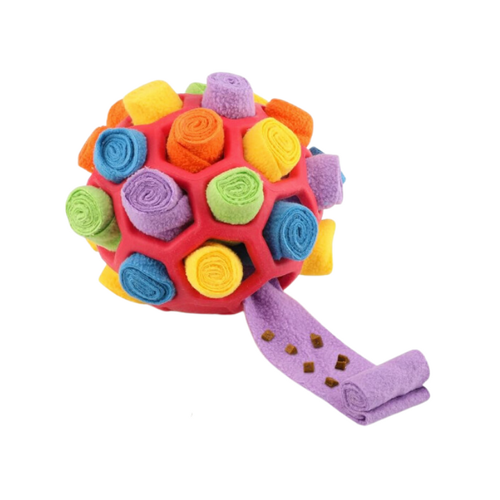 Durable red interactive plush dog toy, Sniffle brand, designed for treat dispensing