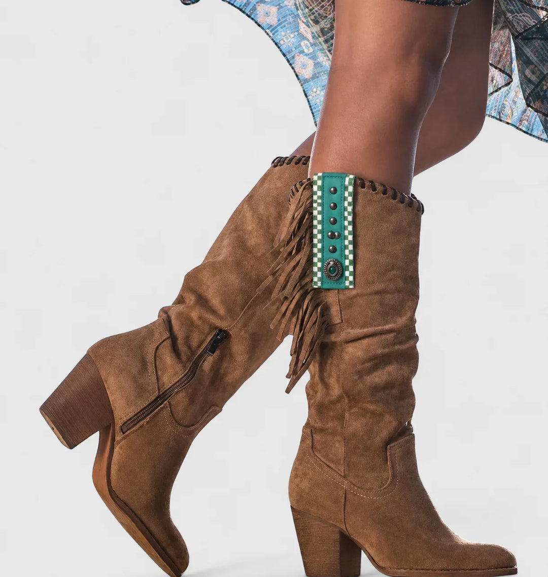 Brown women's comfortable orthopedic western boots. Knee-high design with stylish fringe & a supportive block heel.