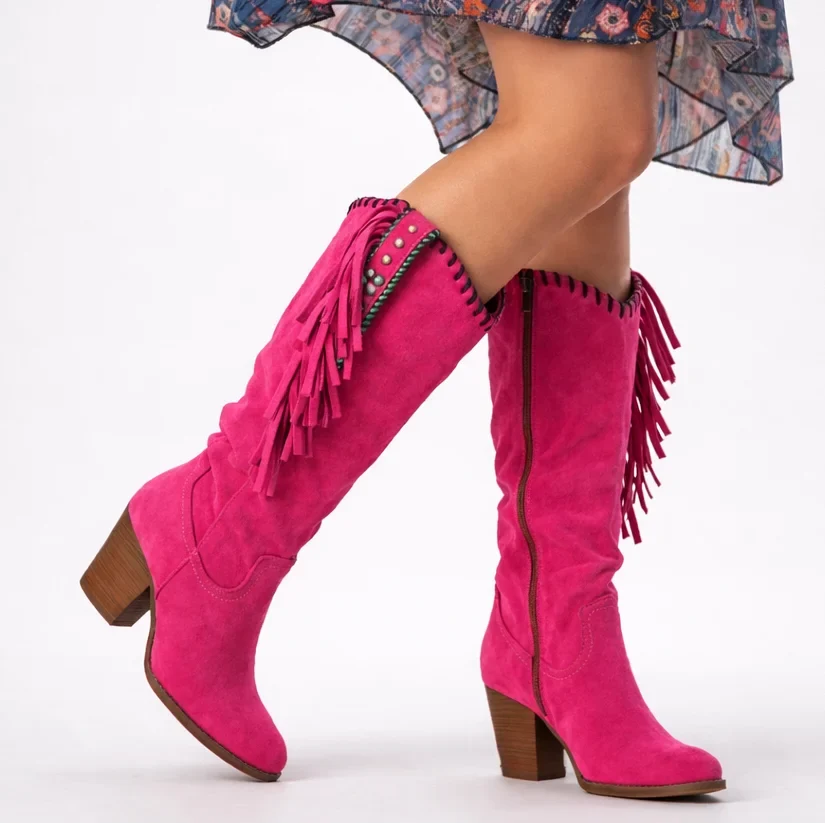 Comfortable women's orthopedic knee-high western boots with fringe & block heel. Perfect for style & support.