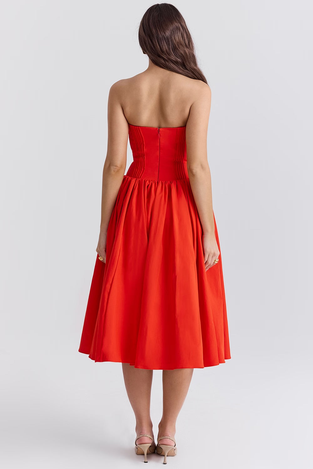 Stunning red strapless midi dress for women, with a sweetheart neckline & flared skirt. Versatile party & summer wear.