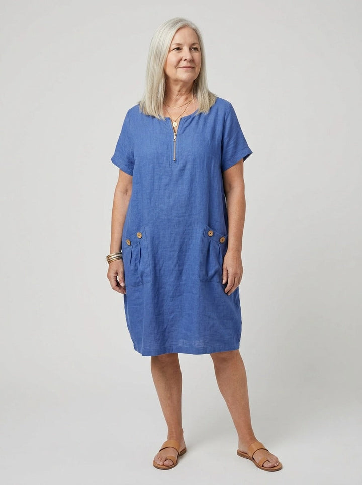 Red zip-front summer dress for women. Relaxed fit V-neck, knee-length. Perfect casual day & holiday style.