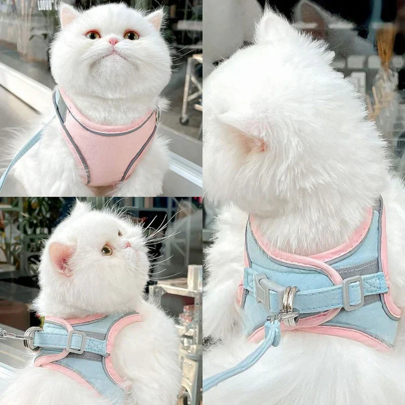 Ergonomic reflective cat harness, reducing pressure and ensuring a comfortable fit for outdoor cats.