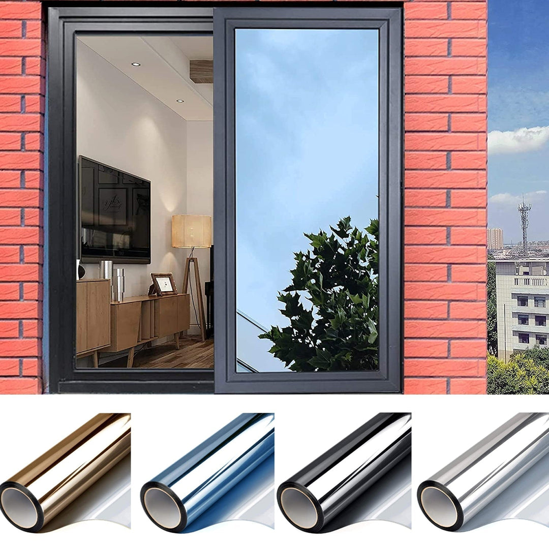 Reflective one-way daytime privacy window film for enhanced home security & sun glare reduction.