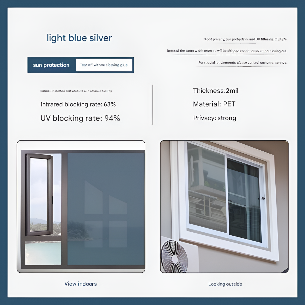 Heat control & UV protection privacy film for windows, ideal for maintaining cool indoor temperatures.