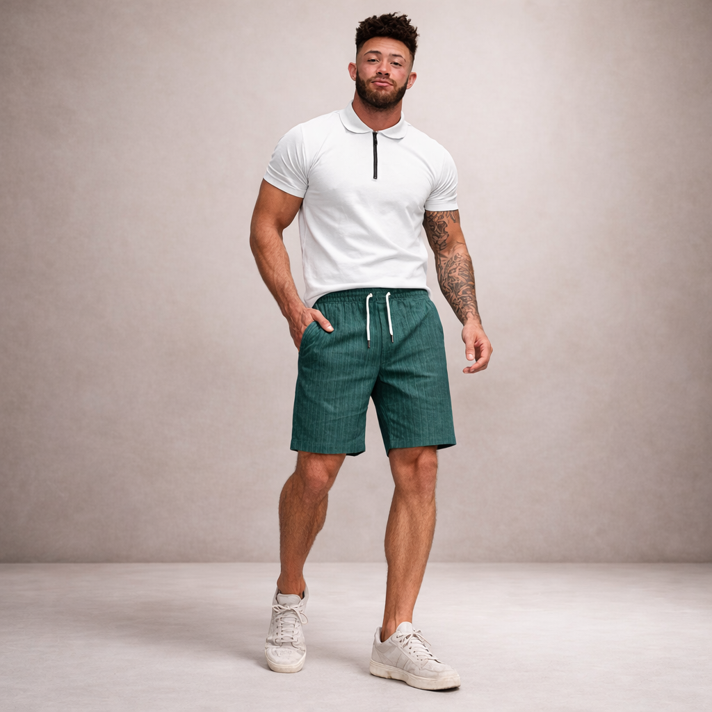 Knee-length men's casual shorts, relaxed fit, great for beachwear & summer leisure.