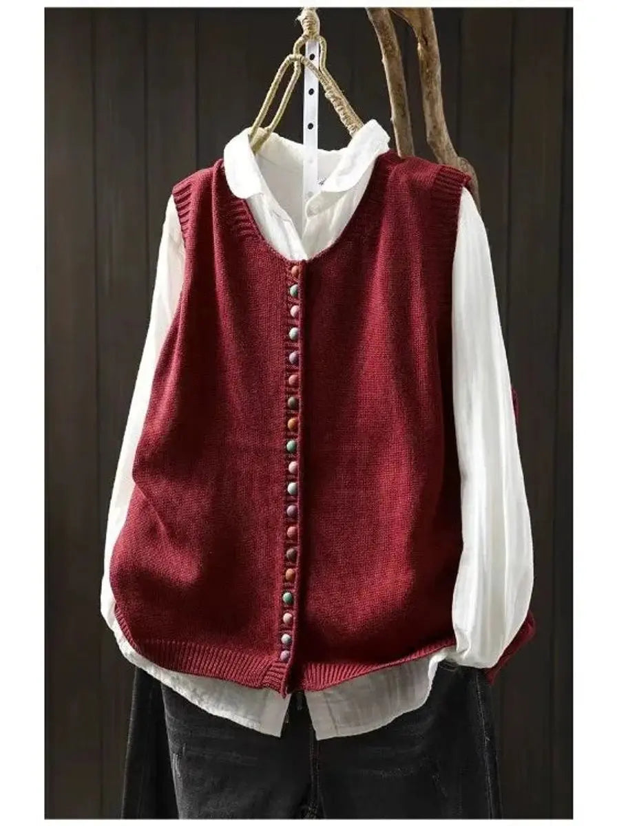 Cozy women's knit sleeveless vest featuring a button-up design; ideal for autumn casual wear and layering outfits.