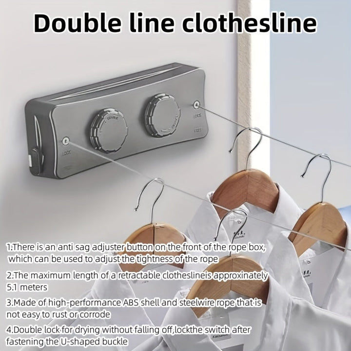 Indoor/outdoor retractable double clothesline, stainless steel, for laundry drying & home organization.
