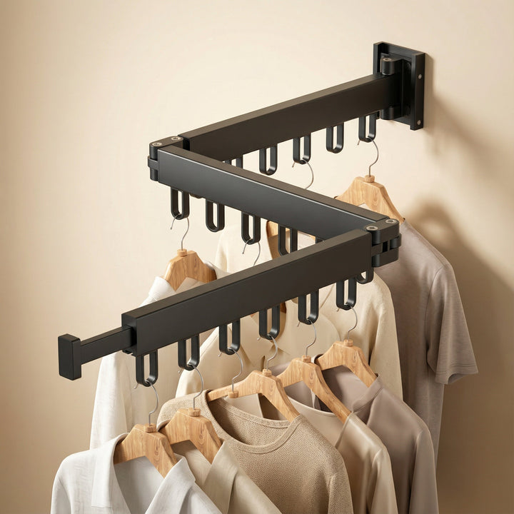 Retractable wall mount clothes drying rack for efficient laundry and space-saving home organization.