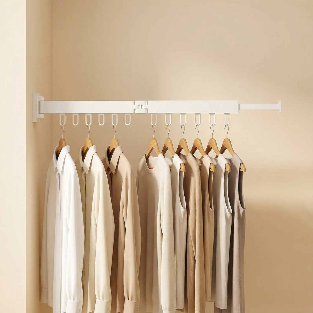 Easy-store retractable wall mount clothes drying rack, folds away when not in use for neatness.