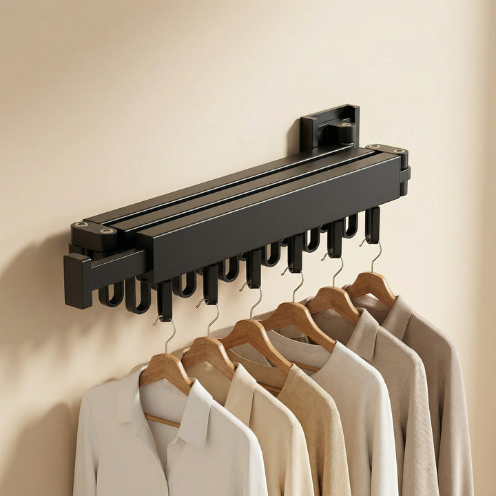 Easy-install folding clothes drying rack, wall mounted for compact laundry solutions in any home.