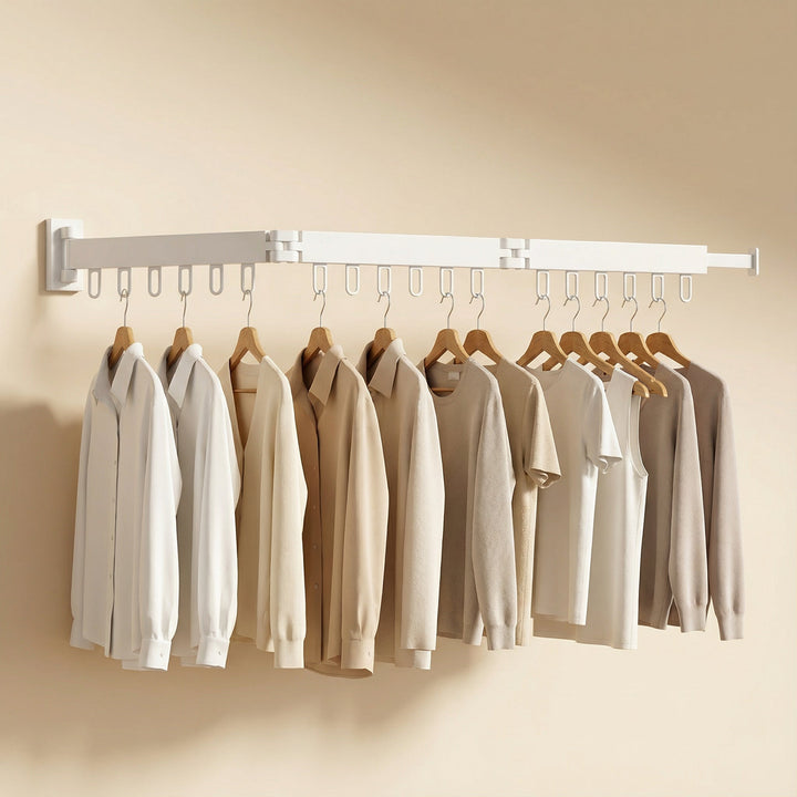 Heavy-duty retractable wall mount clothes drying rack, perfect for large laundry loads.