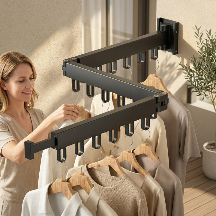 Balcony retractable clothes drying rack, ideal for outdoor laundry, air drying garments.