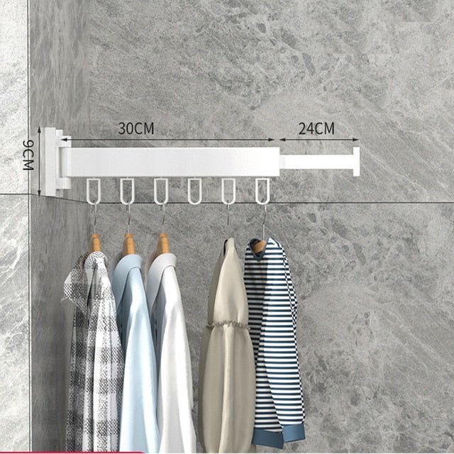 Extendable wall mounted drying rack for air-drying clothes efficiently in tight spaces.