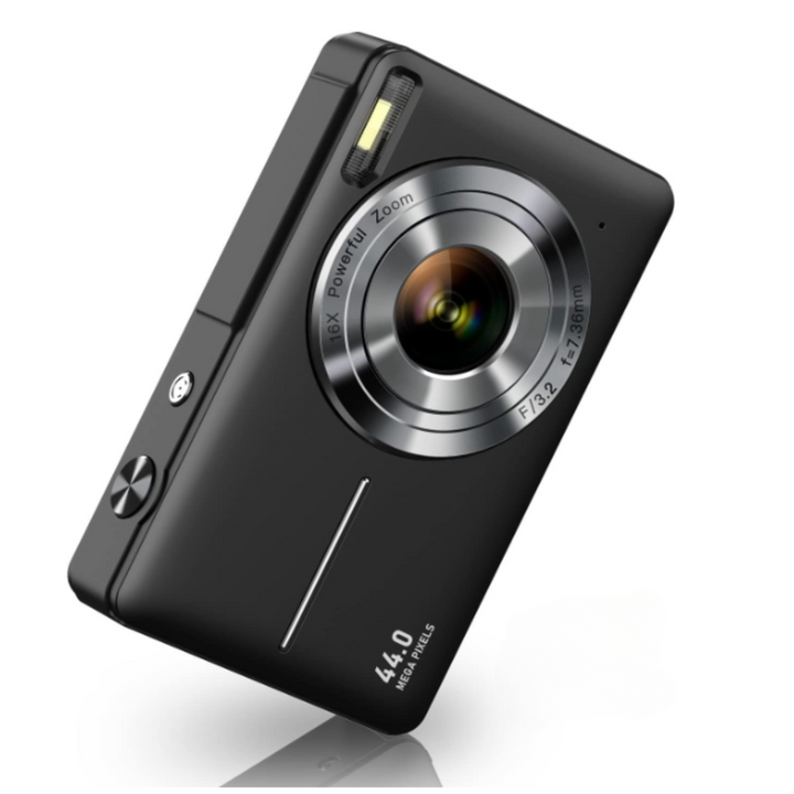 Retro digital camera in black, lightweight and portable for photography.