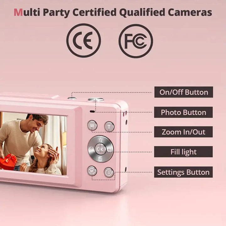 Pink retro digital camera, compact and easy to carry for on-the-go shots.
