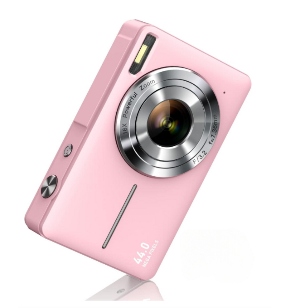 A pink 1080p digital camera with a classic retro aesthetic.