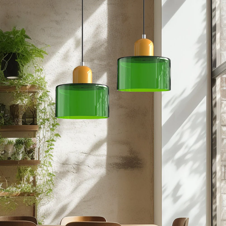 Retro-chic glass pendant, adjustable cord, offers a soft and cozy light for your home.