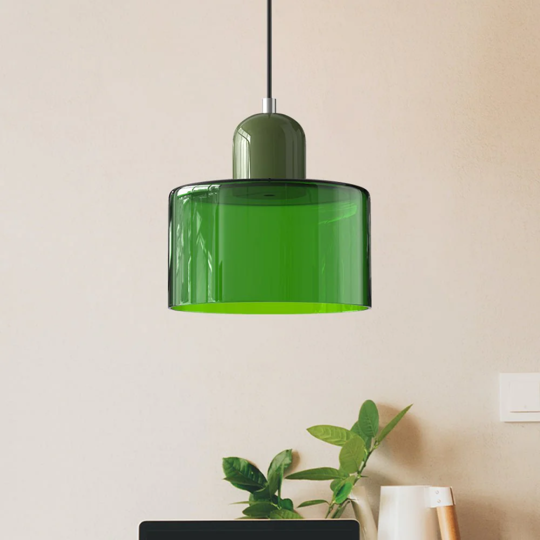 Timeless retro pendant lamp, glass shade, adjustable cord, enhances any home interior.