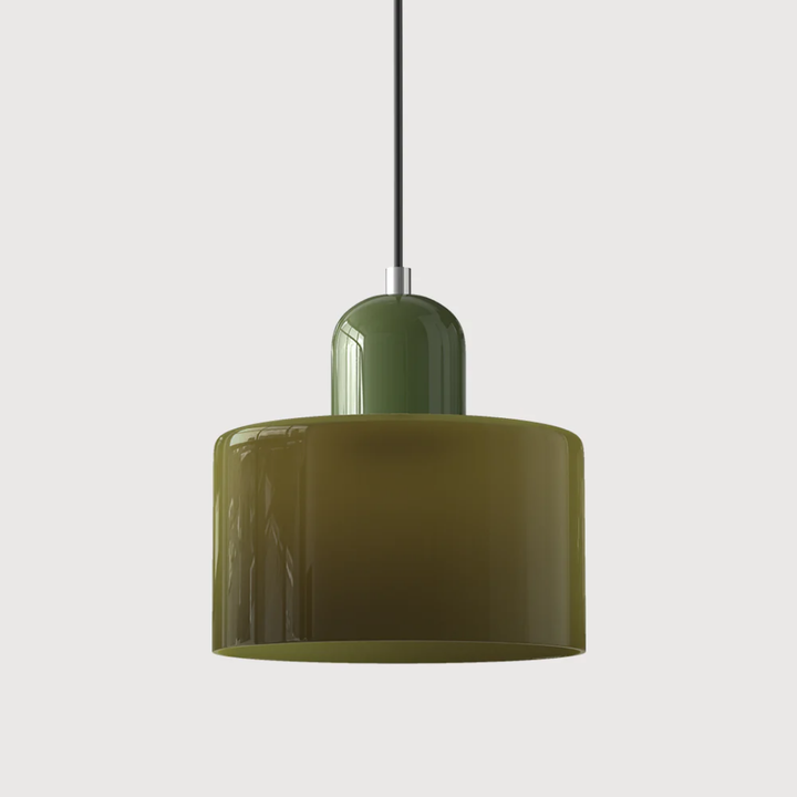 Adjustable retro pendant, glass shade, provides a warm and welcoming focal point.