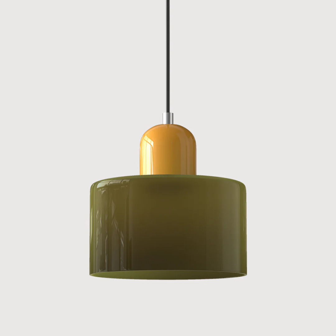 Adjustable retro hanging light, glass shade, casting a warm and gentle glow.
