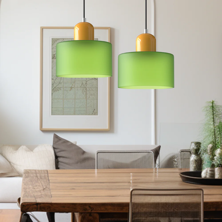 Adjustable retro pendant lamp, glass shade, creates a warm and inviting glow.