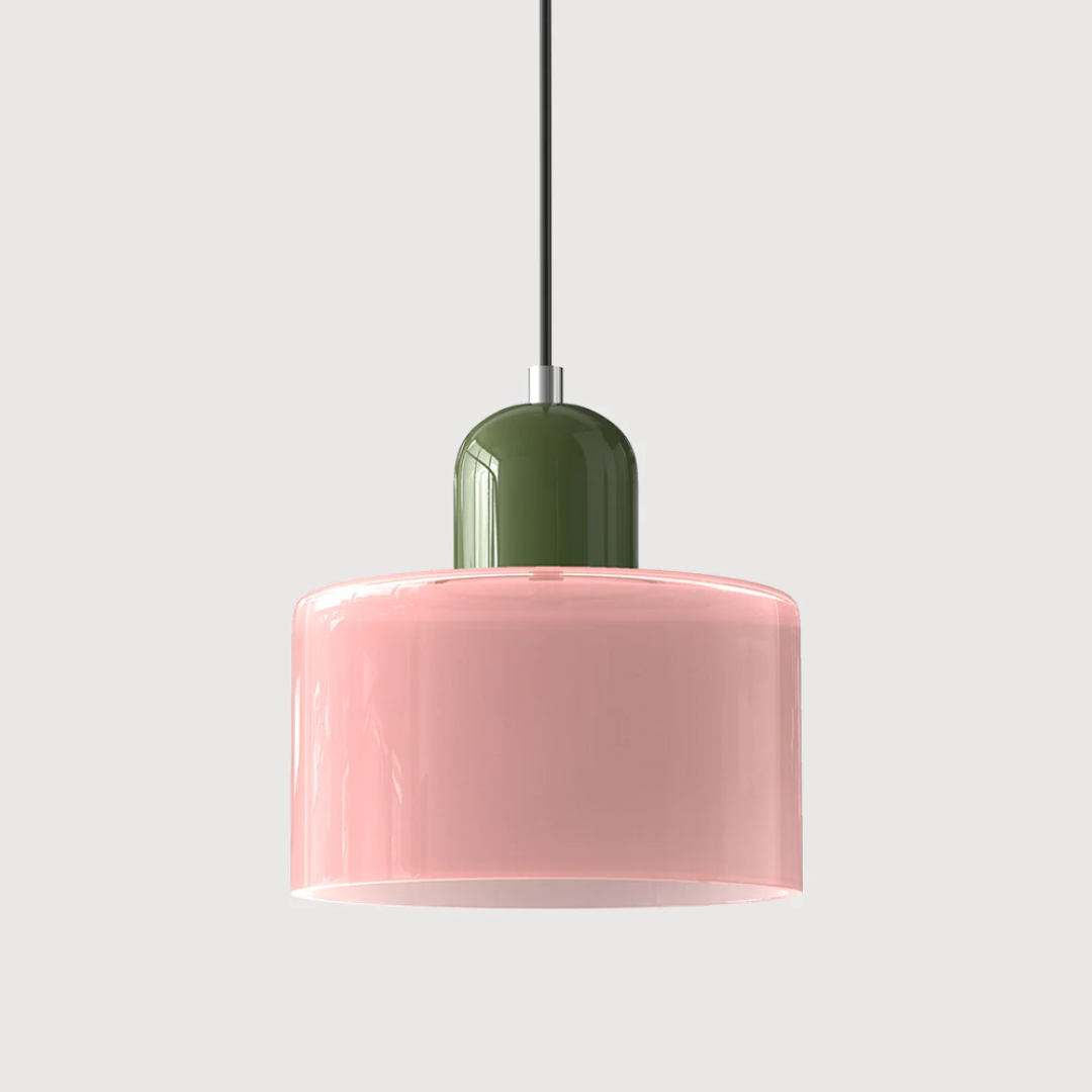 Vintage aesthetic retro pendant light, glass shade, adjustable cord for warmth.