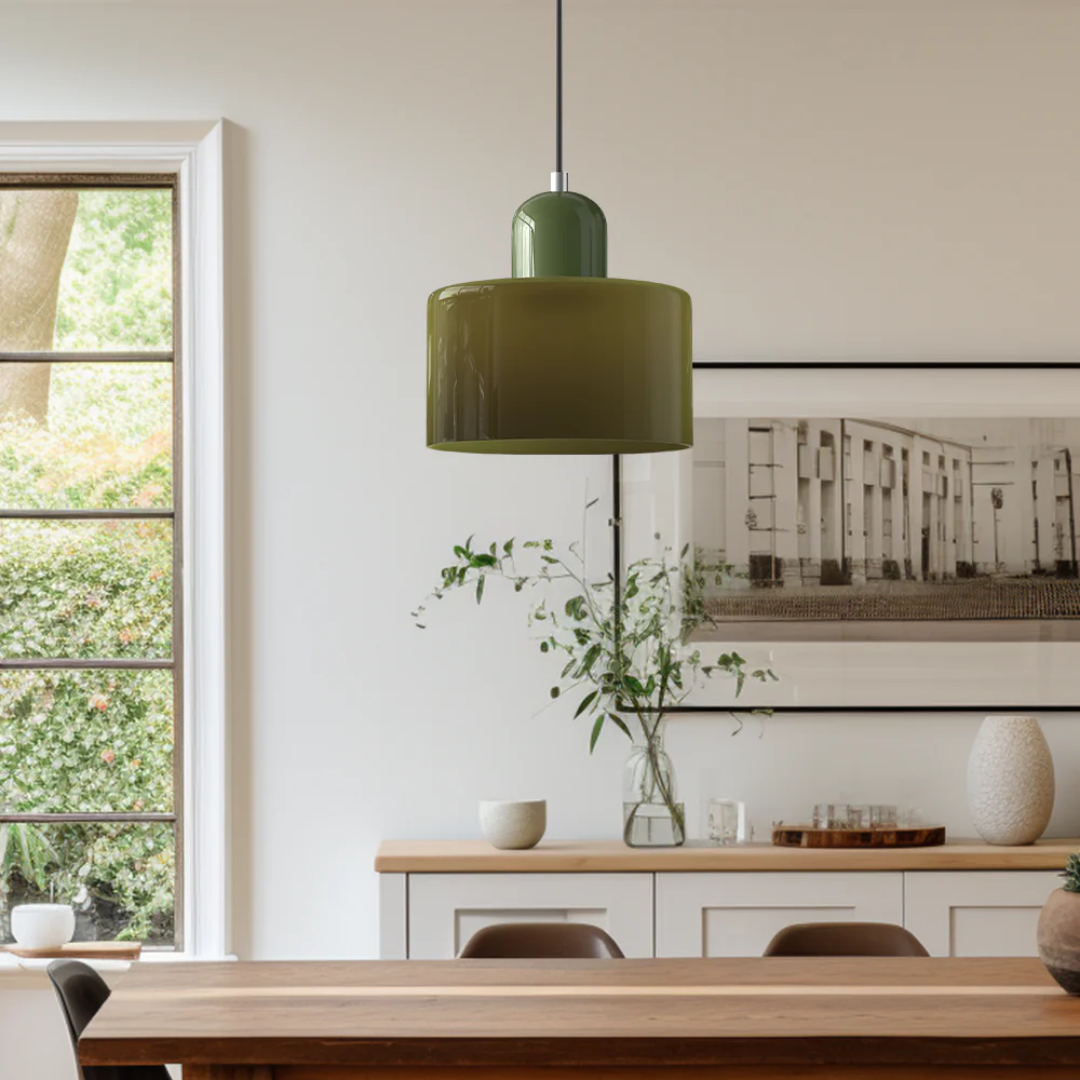 Stylish retro pendant lamp, glass shade, adjustable cord, ideal for cozy spaces.
