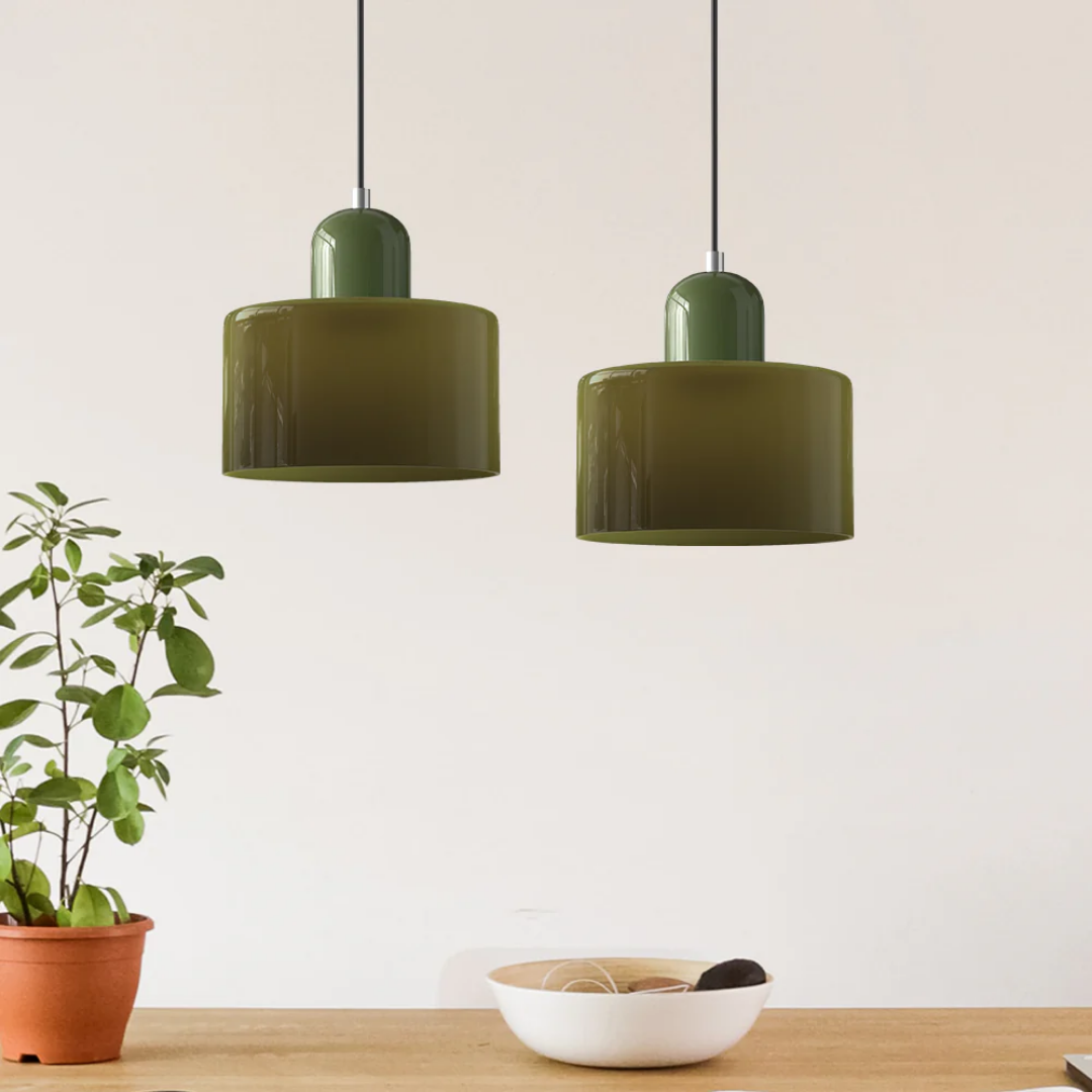 Vintage glass pendant lamp with adjustable cord, bringing warmth to any room.