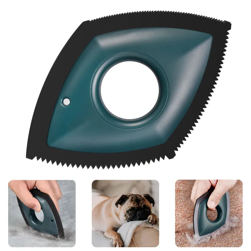 Green pet hair remover tool for dog & cat fur on sofas, blankets, and apparel. A must-have home cleaning aid.