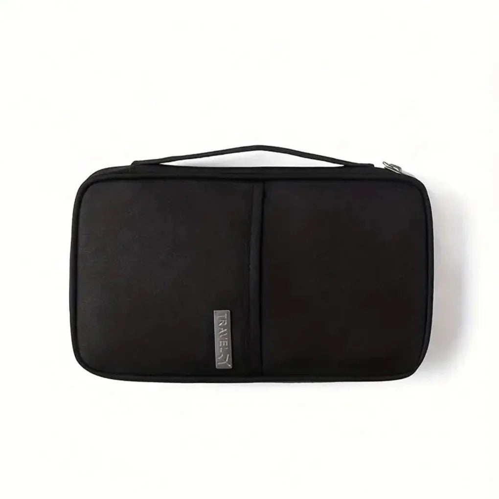RFID family passport wallet in black ripstop nylon, multi-document organizer for secure travel.