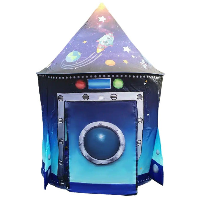 Vibrant rocket spaceship tent, perfect indoor playground for imaginative play.