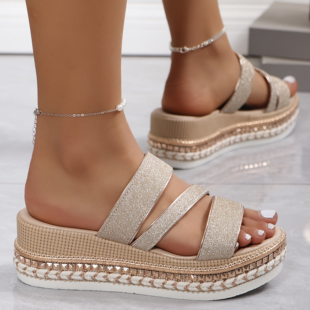 Elegant rose gold open-toe platform heels, ideal women's party shoes with stylish multi-straps.