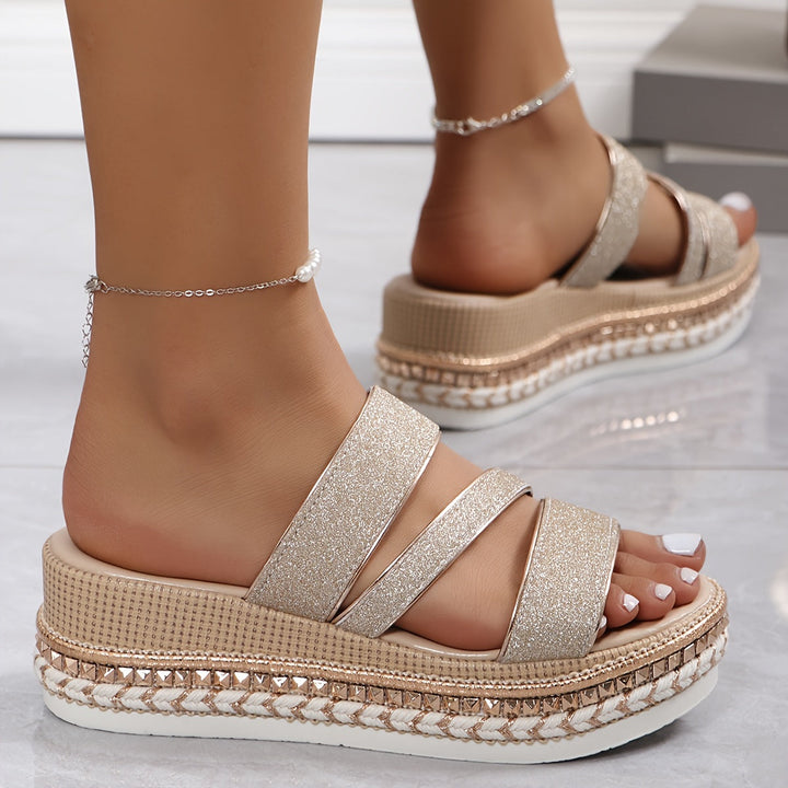 Elegant rose gold open-toe platform heels, ideal women's party shoes with stylish multi-straps.