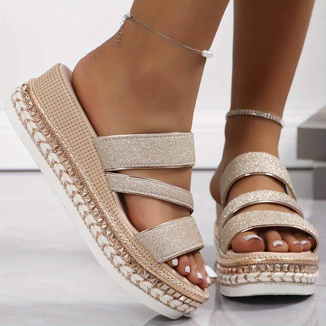 Women's rose gold multi-strap platform heels, chic open-toe footwear for sophisticated occasions.