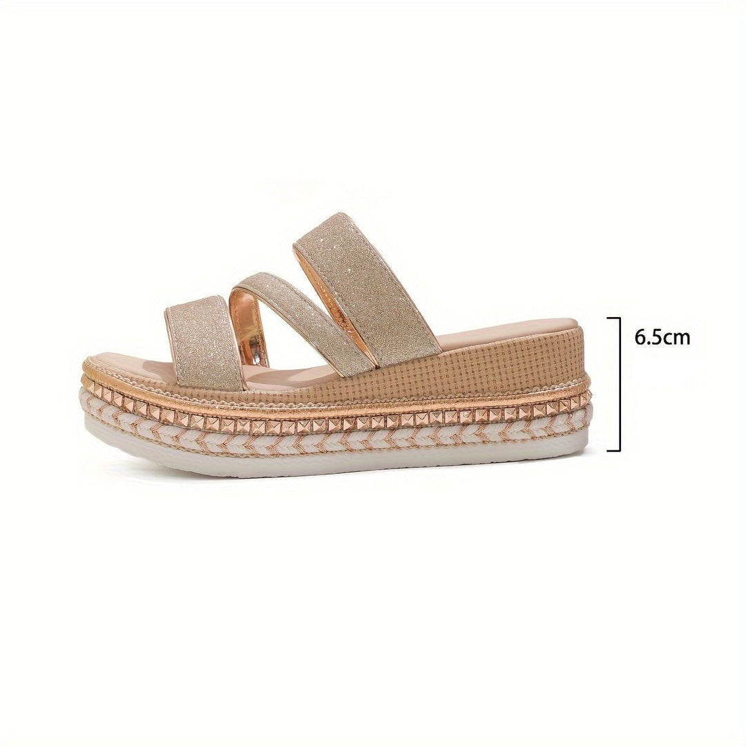 Stunning rose gold open-toe platform heels for women, featuring elegant multi-straps for special events.
