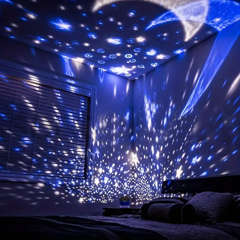 Soothing LED star projector night light, rotating to create a magical ambiance for a child's bedroom.