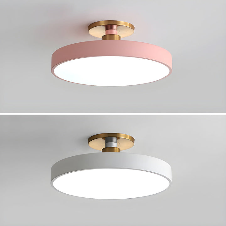 Round LED flush mount for modern homes, providing ambient living room lighting.