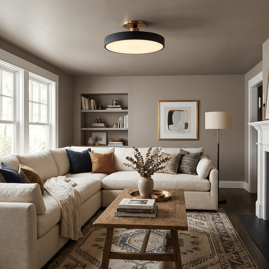 Sleek round LED ceiling light, flush mount design for contemporary bedrooms.