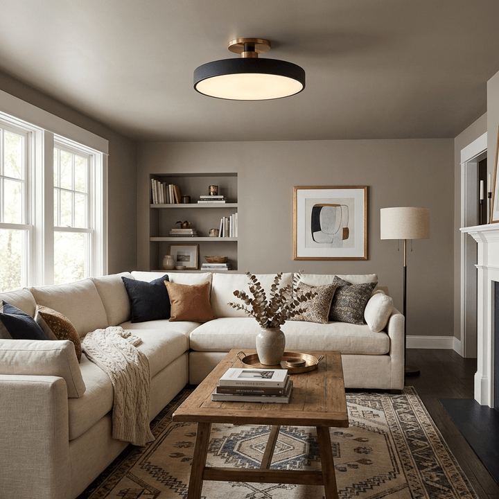 Sleek round LED ceiling light, flush mount design for contemporary bedrooms.