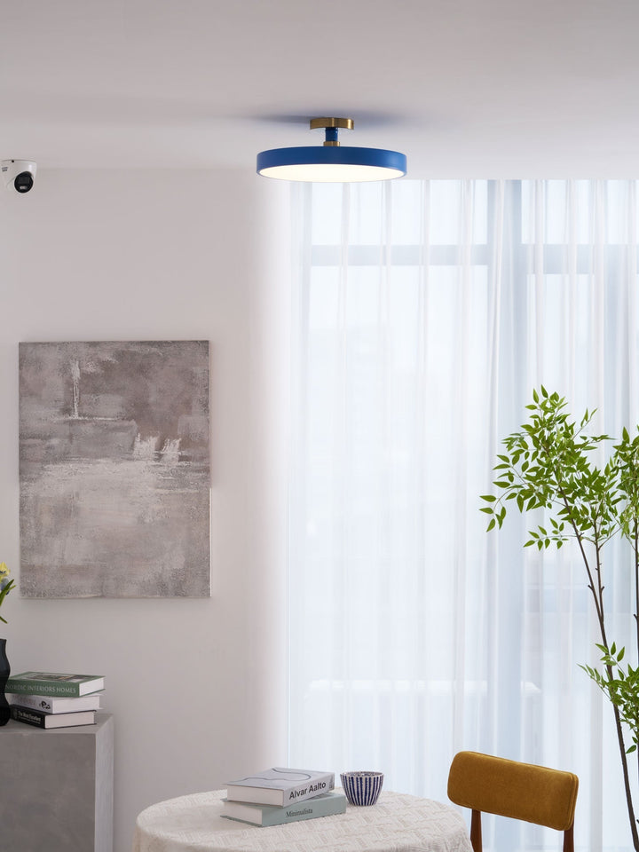 Contemporary round LED flush mount, provides warm, dimmable light for homes.